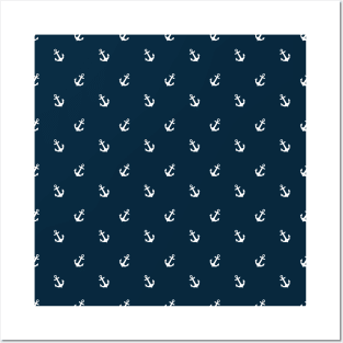 Navy Blue Nautical with White Anchors Posters and Art